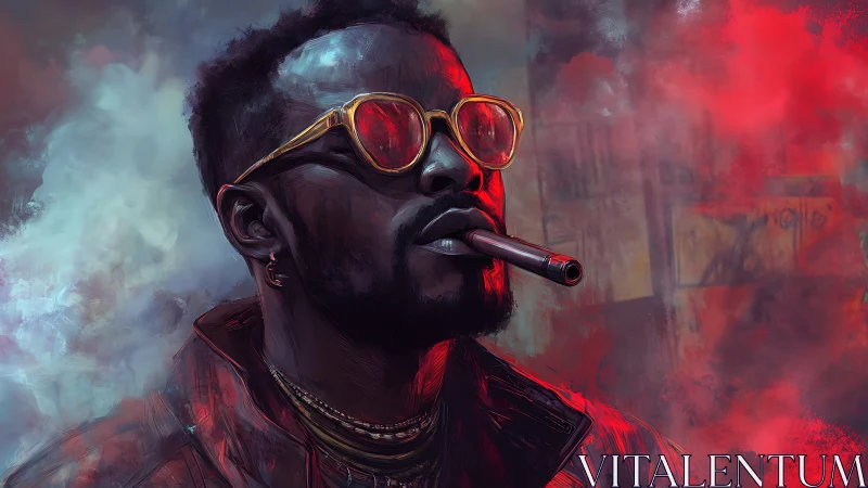 Digital portrait of man with cigar and red smoke background.