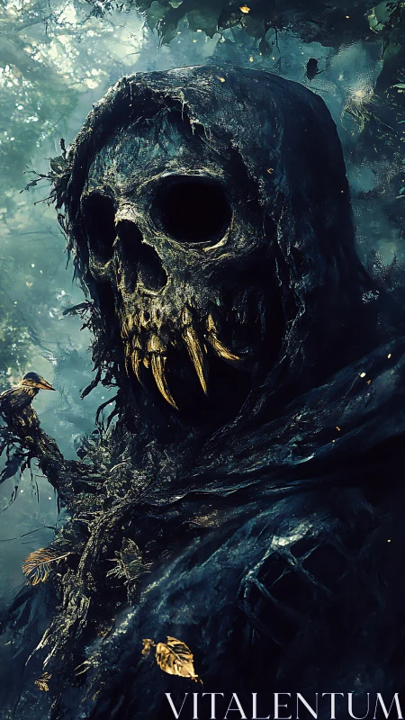 Hooded skeletal wraith looms within misty haunted forest