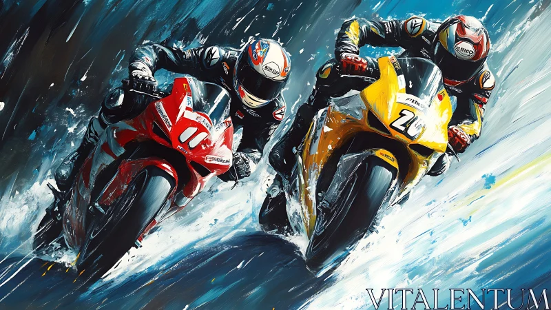 Motorcycle racers battling at speed on wet track.