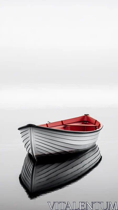 Solitary red and white rowboat rests in tranquil mirrored water