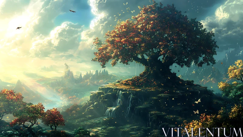 Large autumn tree crowns rocky plateau above misty valley