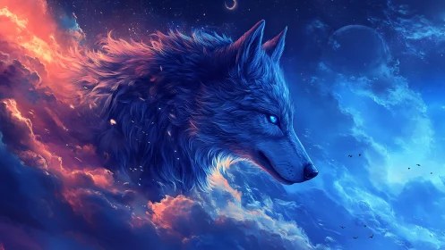 Celestial wolf profile rendered across contrasting sky clouds.