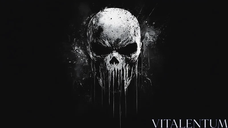 Grunge skull emblem with dripping paint on black field.