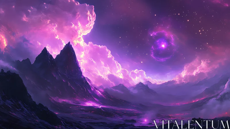 Spectral nebula vortex above bioluminescent alien ridges.