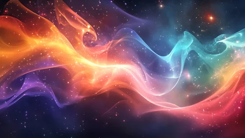 Soft cosmic ribbons swirling through a dreamy rainbow sky.