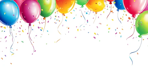 Colorful Balloons with Confetti on White Background.
