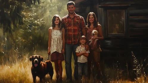 Rustic family portrait outside cabin in golden light.