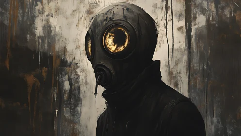 Gas mask figure against distressed abstract wall backdrop.