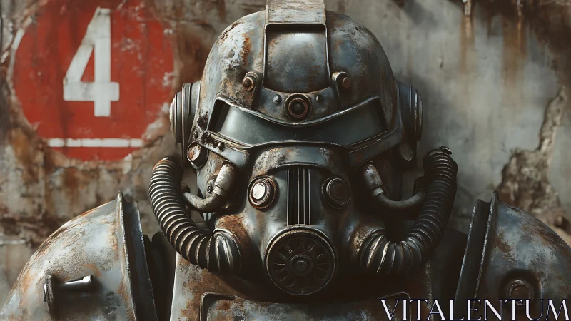 Rust-scarred battle armor broods in post-nuclear silence.