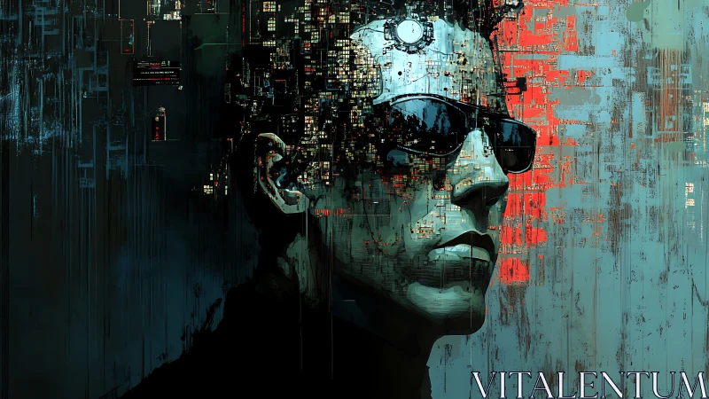 Cybernetic visage dissolving into neon data cascade.
