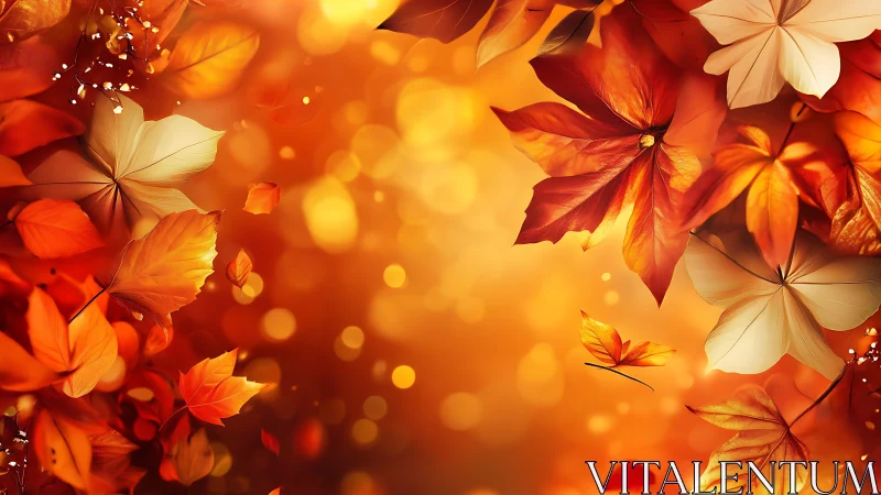 Autumn leaves float across warm orange bokeh background
