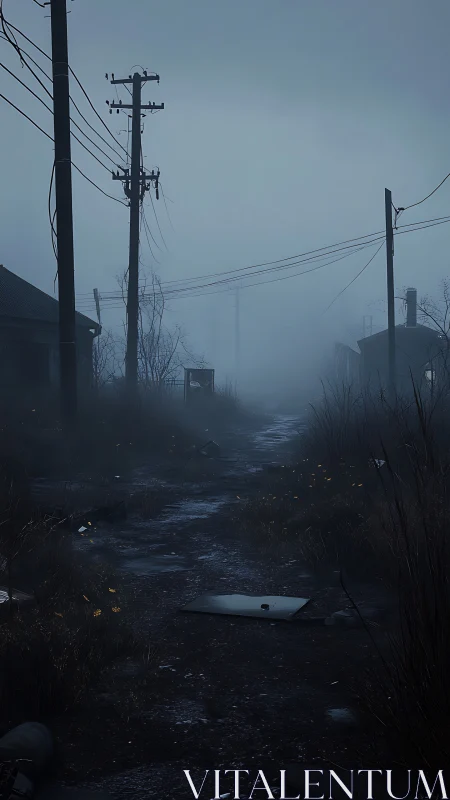 Fog-drenched derelict rural road with telephone poles at dusk