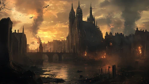 Smoldering gothic city glows against a brooding sunset sky