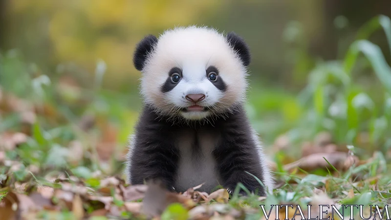 High-resolution juvenile panda portrait in shallow-depth habitat.