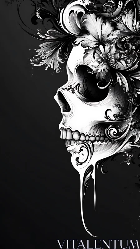 Ornamental skull silhouette with baroque floral filigree design.
