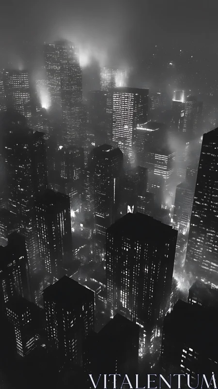 Foggy monochrome city skyscrapers at night, top view.