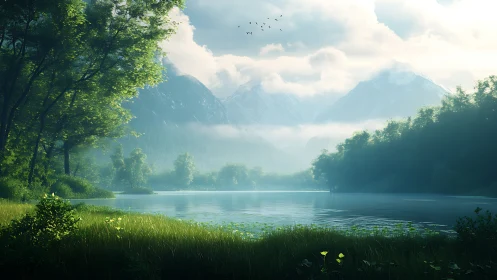 Morning hush drapes a mirror lake below cloud crowned peaks