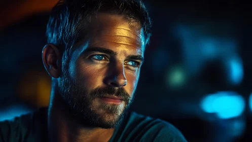 Photorealistic low-key male portrait with cyan bokeh highlights.