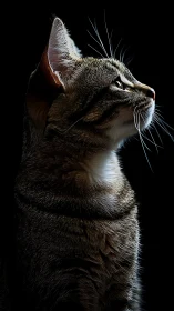 Tabby Cat Gazing Upward Against Black Void.