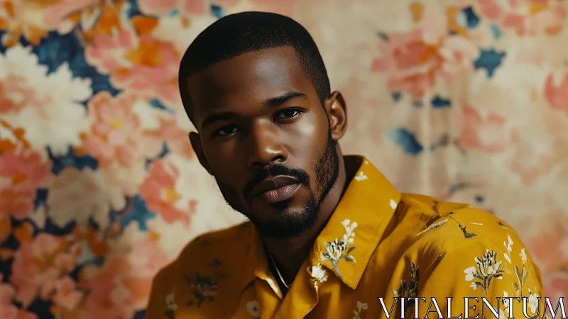 Portrait of man in mustard floral shirt before soft backdrop.