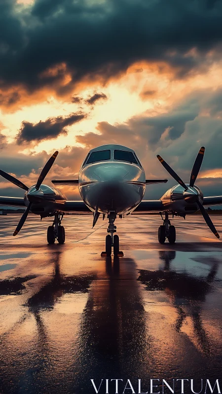 Twin engine turboprop aircraft parked on wet runway at dusk
