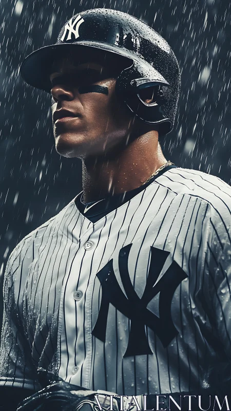 Focused baseball player standing tall in the pouring rain.