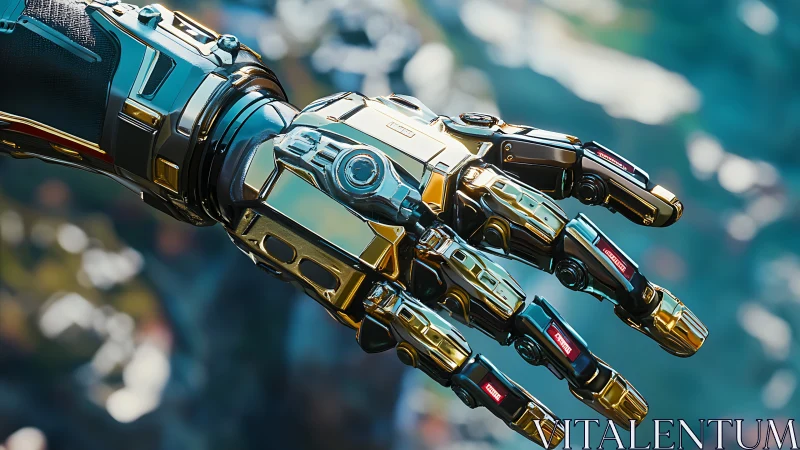 Gilded cybernetic hand reaching into a blurred neon horizon.