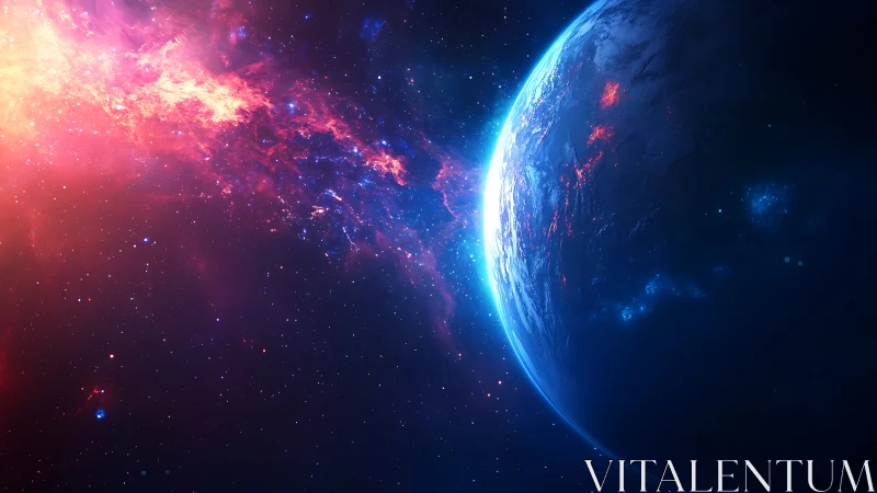 Planetary limb with nebula and star field in deep space.