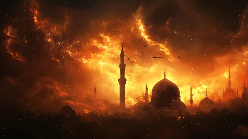 Mystical City in Flames: A Surreal Glimpse of Ancient Domes.