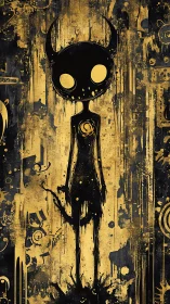 Horned shadow figure stands in textured gold abstract field
