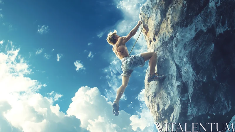 Climber reaching for the sky on a sunlit rocky cliffside.