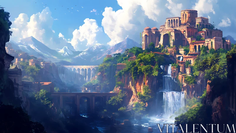 Tiered cliffside citadel integrates waterfalls and arched aqueducts