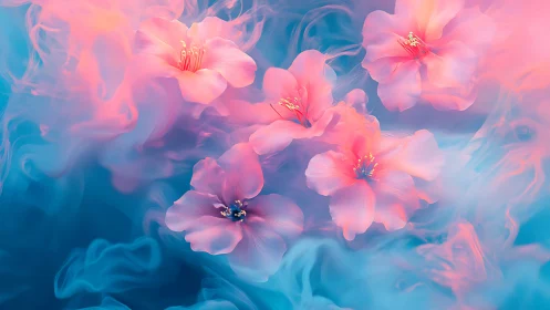 Neon pink blossoms drift through swirling cyan vapor
