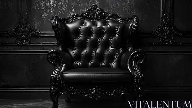 Black baroque leather armchair dominates dark ornate room