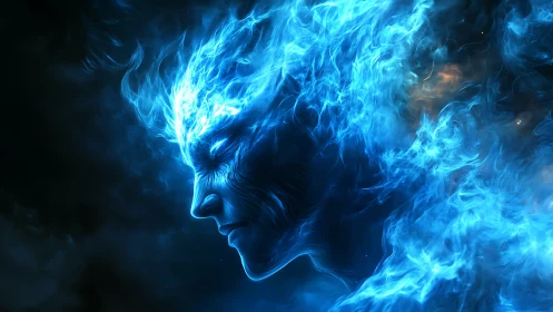 Serene blue flame spirit drifting through a cosmic hush.