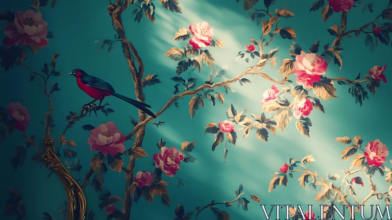 Scarlet songbird perches on floral branch against teal wall