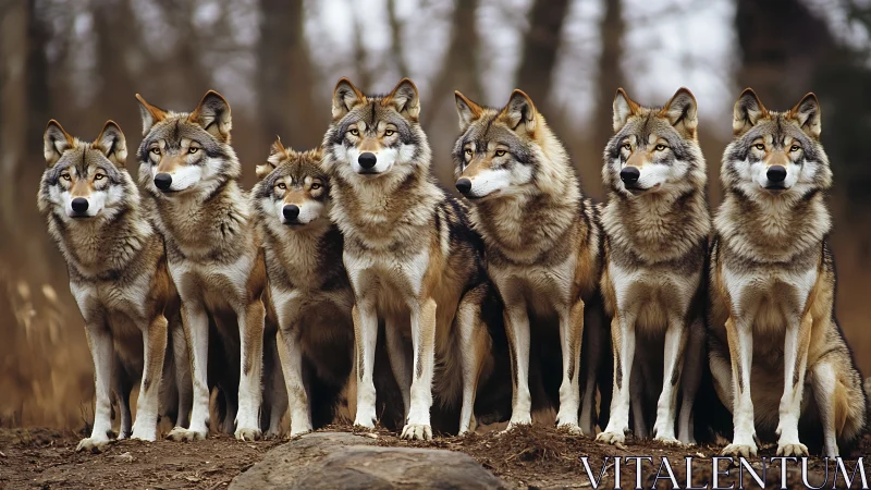Seven gray wolves aligned in forest clearing portrait scene.