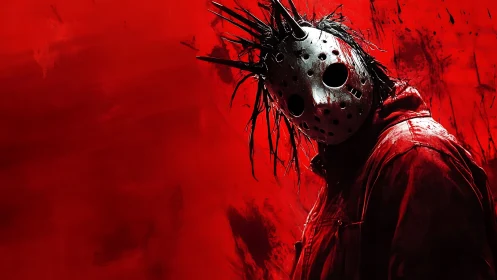 Spiked metal mask horror figure on saturated red textured backdrop