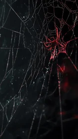 Crimson spider resting in a glittering midnight web.