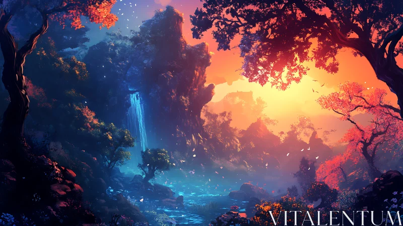 Luminous Fantasy Chasm with Cascading Waterfall and Sunrise Glow