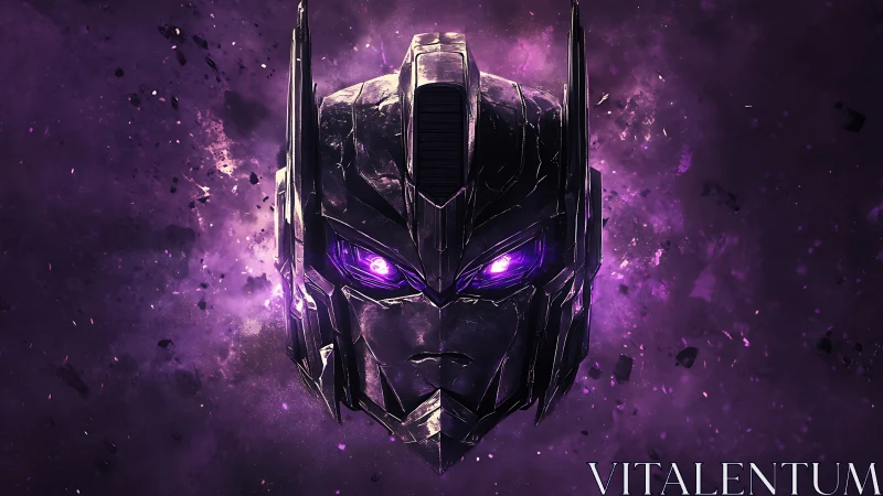 Metallic robotic head rendered against purple nebula field