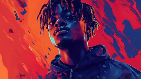 Neon-lit portrait of young man in duotone cyan and orange glow