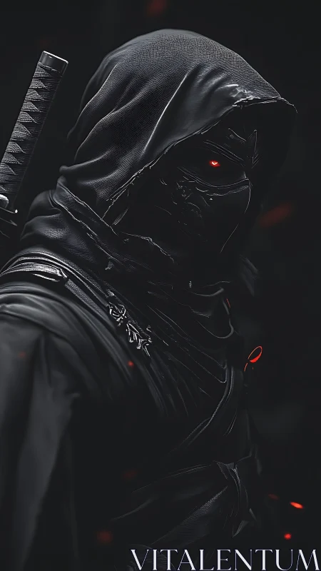 Hooded cyber-assassin in tactical blackout armor portrait.