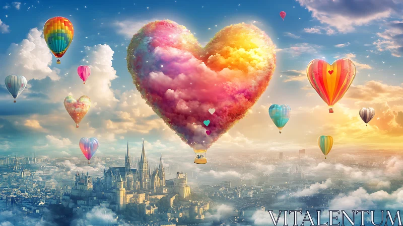 Love's Ascension: Heart Balloons Float Above Castle Dreams