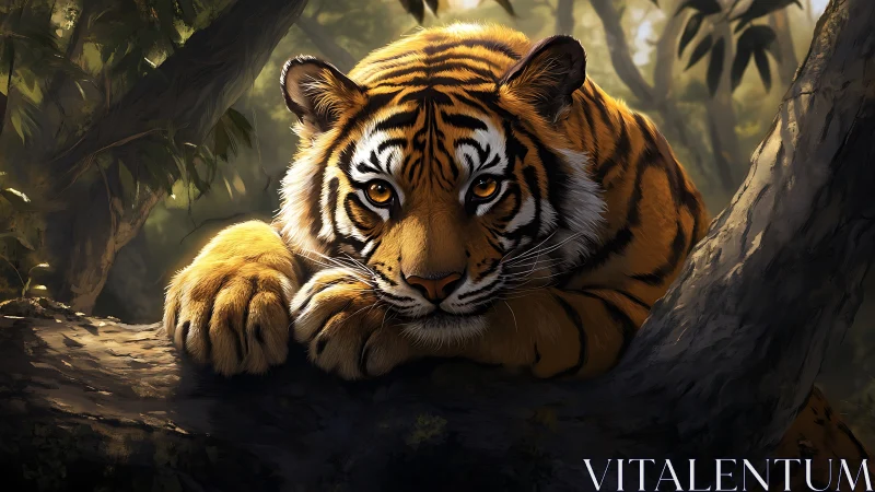 Jungle dusk hushes while a watchful tiger owns the silence