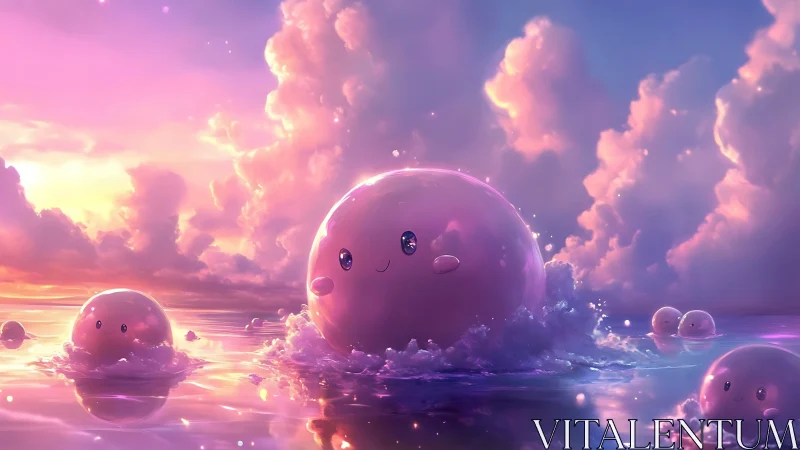 Glowing pastel slime creatures emerge on iridescent sunset sea