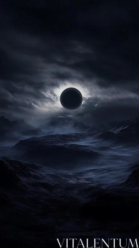 Eclipsed moon hangs over a dark, storm-tossed alien sea