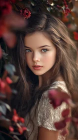 Young girl portrait framed by red foliage in soft focus
