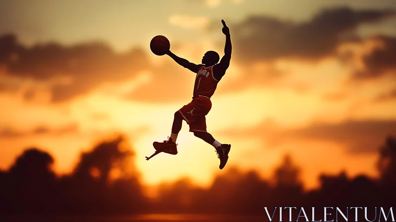 Silhouette basketball dunk against glowing sunset sky.
