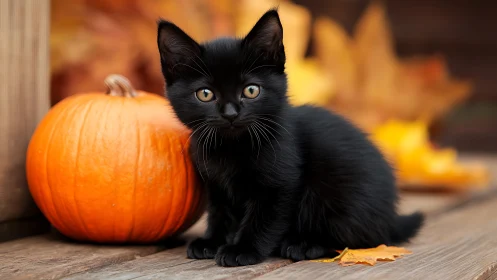 Black Kitten with Pumpkin in Autumn Seasonal Composition.